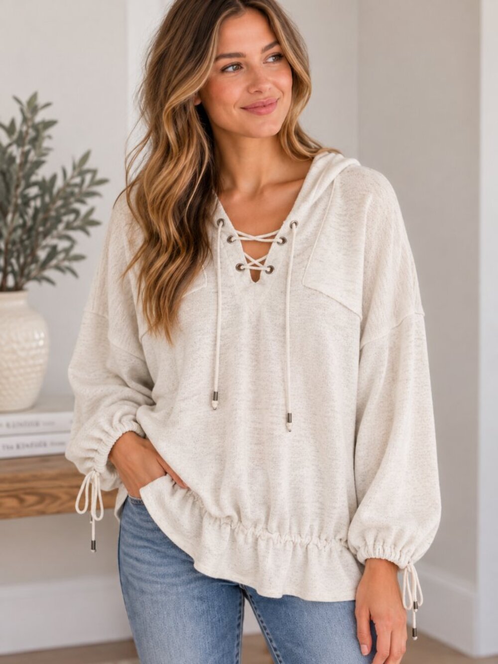 Easel cream lace-up oversized hoodie tunic, exposed seam raw edge, grunge SMALL